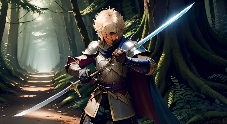 In the primeval forest, a swordsman wears shin guards and armor and holds a sword，short detailed hair，ember，Wear a cape，All righteous