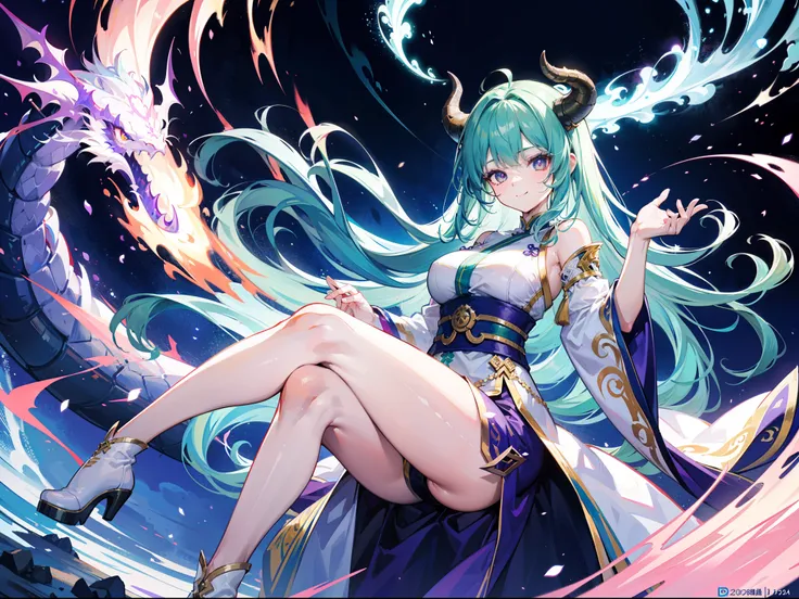 Beautiful girl with blue-green hair，With a petite figure，Purple pupils，with hair dishevelled，Super Long Straight Hair，beautiful bangs，Huge dragon horns grow on the head，White Hanfu with the dragon logo，Ride on a super-large white dragon，With a sunny smile ...