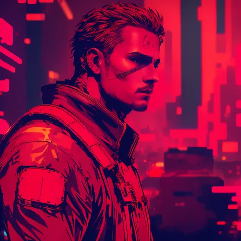 um close up de um homem de jaqueta vermelha parado em frente a uma cidade, estilo de arte cyberpunk, Arte digital detalhada em 4k, arte digital cyberpunk, arte cyberpunk 2077, cyberpunk themed art, estilo de arte cyberpunk, sombreamento cyberpunk, cyberpun...