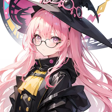 Yellow-pink transparent texture for long hair，Wide black glasses，The face is relatively large，Silly，Looks silly and cute，Its a cute girl