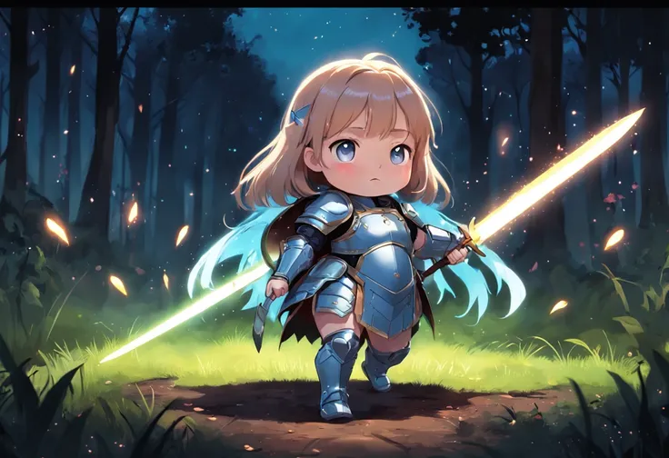 Cartoony，Chubby little girl in heavy armor，Holding a glowing two-handed sword in the ground，Glowing fireflies around，，Cute and cute，KIDS ILLUSTRATION，Glow effects，Dingdall effect，depth of fields，high light，Real light，Ray traching，oc rendered，Hyper-realisti...