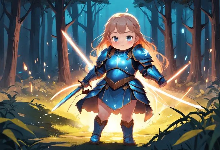 Cartoony，Chubby little girl in heavy armor，Holding a glowing two-handed sword in the ground，Glowing fireflies around，，Cute and cute，KIDS ILLUSTRATION，Glow effects，Dingdall effect，depth of fields，high light，Real light，Ray traching，oc rendered，Hyper-realisti...