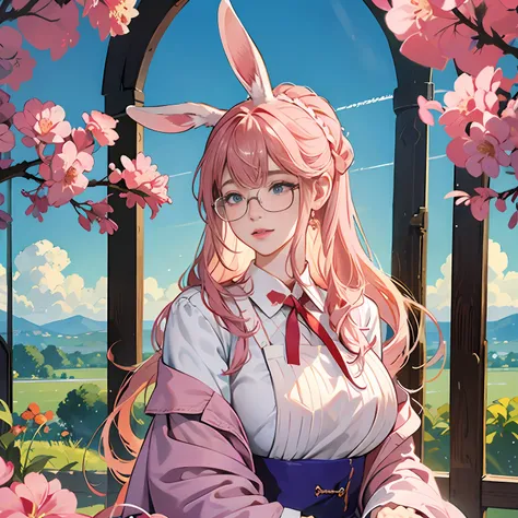 Women in Their 20s, Fantasia、offcial art, unity 8k wall paper, ultra-detailliert, beautifly、Aesthetic, ​masterpiece, top-quality, Photorealsitic、Rabbit eared clan、A pink-haired、Rabbit ears、Horan Drop、Lop Ear、Lop-eared rabbit:2.0、Flabby ears、Rimless glasses...