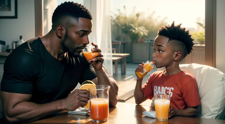 40-year-old black man having breakfast with 5-year-old son drinking juice at home simple.