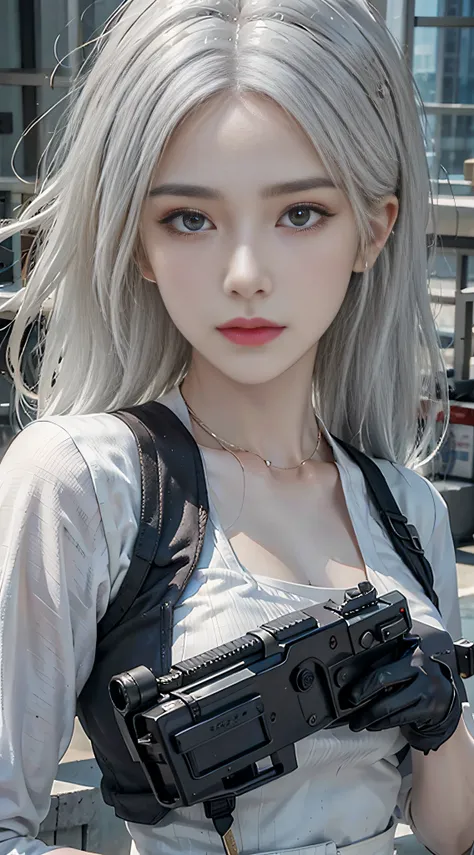 Photorealistic, high resolution, 1womanl, Solo, Hips up, view the viewer, (Detailed face), White hair, SWAT vests, Gun, jewelry