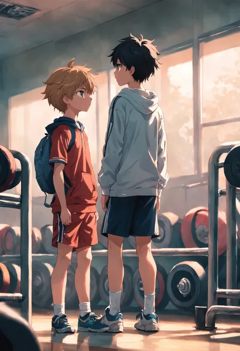 2children from 13 years old  , Parlero, dentro, (obra maestra, La mejor calidad, absurdos ), escuela,Classroom two shirtless kids are in school have sweatpants looking into each others eyes sadly are in the sports room