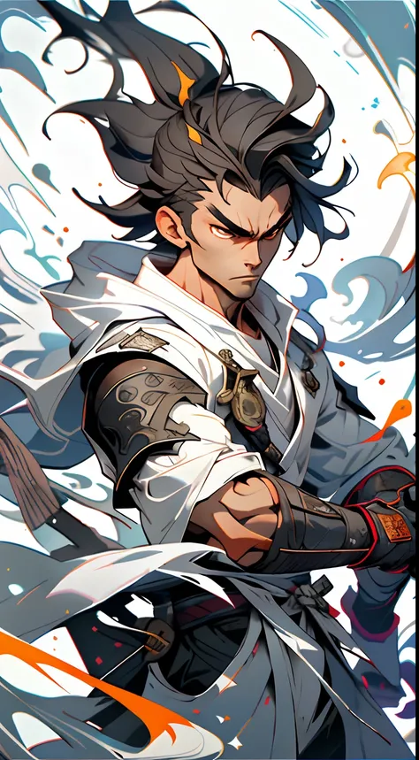 "Enigmatic samurai boy with a captivating aura.", Cosmic background, white cloak, white robe