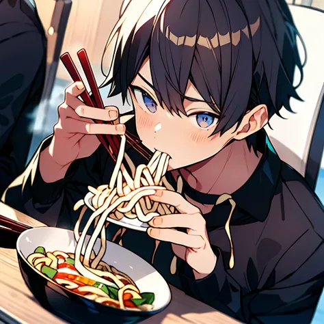 Boy eating udon noodles using chopsticks