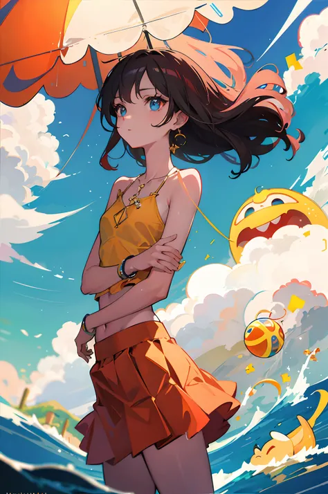 ((Masterpiece)),(((Best quality))),（k hd），（high saturated），bright sun，Mare，ray traycing，1girll，chiquita，floated hair，（Superbly detailed eyes），Very small chest，（Wet very thin clothes），Superskirt，（Raised chest）