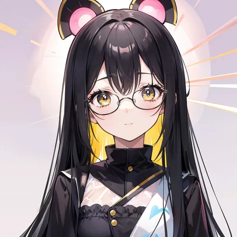 Yellow-pink transparent texture for long hair，Wide black glasses，The face is relatively large，Silly，Looks silly and cute，Its a cute girl