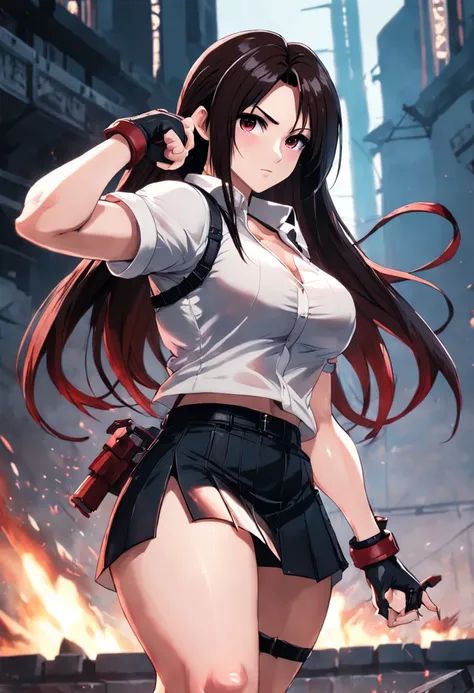 (Tifa Lockharts fighting stance),(Adult woman:1.2),Tall,(Long dark hair tied at the bottom), Crimson eyes,White shirt,Black skirt,Curvy body,Thin waist,Dystopian background