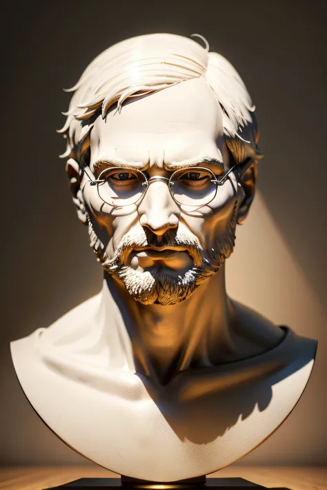 Here is the description of the photo in Portuguese:

A majestic representation of the bust of Steve Jobs carved in the imposing style of classical Greek art. 

The portrait is made in fine grain white marble, emphasizing the purity and perfection of form. ...