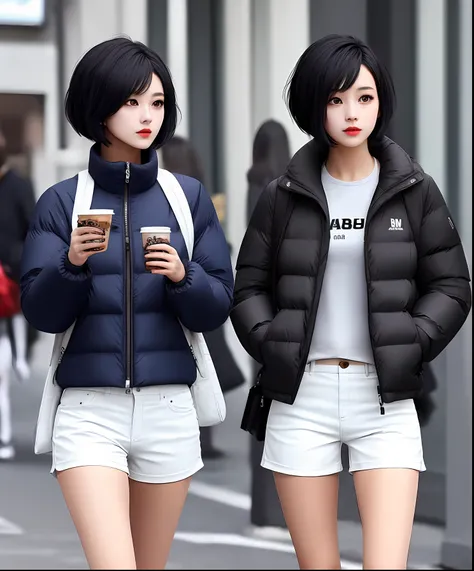 Women with short black hair wear white shorts and down jackets with short irregular down skirts