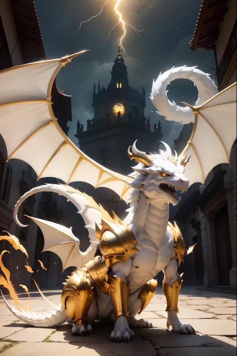 1White dragon add lightning in mouth add golden armor add large wings, dourado. boca fechada, dentes afiados, Two paws on the ground, adcionar asa esquerda, not looking like peoples bodies, Golden helmet on head, dragons head, blue lightnings.