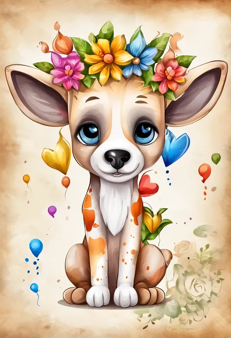 Lindo jirafa cachorro con ojos de diferentes colores， Chibi， Adolable， Logo design， caricaturesco，arte vectorial 3D， lindo y peculiar， Fantasyart， Bokeh， pintado a mano，