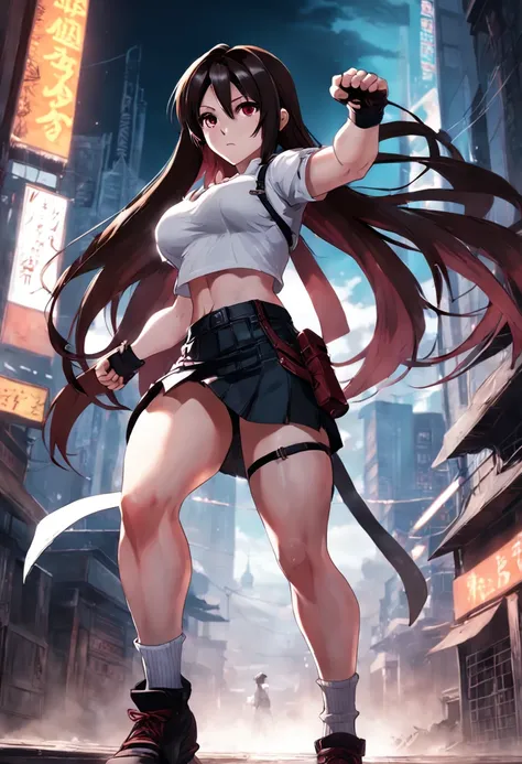 (Tifa Lockharts fighting stance),(Adult woman:1.2),Tall,(Long dark hair tied at the bottom), Crimson eyes,White shirt,Black skirt,Curvy body,Thin waist,Dystopian background