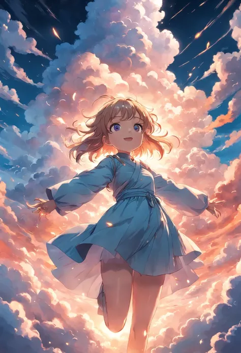 masterpiece, best quality, movie still, 1girl, cloud girl, floating in the sky, close-up, bright, happy, warm soft lighting, sunset, (sparks:0.7)