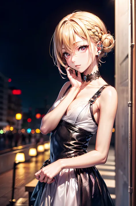 ((masutepiece: 1.4, Best Quality)), ((masutepiece, Best Quality,Delicate)), Very short blonde hair、Red Eyes,(１Man Youth:1.3), Delicate hair, real  face, Suit,(hand on face:1.2),piercings, Night background