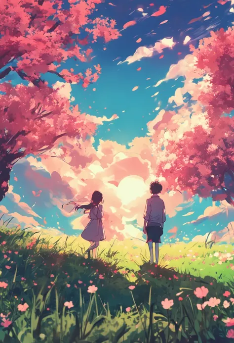 Anime - Style painting of two people in a flower field，anime beautiful peace scene，beautiful anime scenes，Colorful anime movie back，Blue sky and green grass，Summer feeling，Anime Cloud，beautiful anime scenery，anime backgrounds，Anime background art，beautiful...