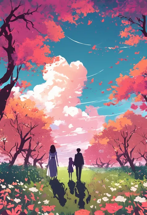 Anime - Style painting of two people in a flower field，The two were separated by a long distance，anime beautiful peace scene，beautiful anime scenes，colorful anime movie background，夏天，beautiful anime scenery，anime backgrounds，Anime background art，beautifull...