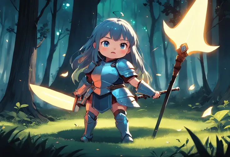 Cartoony，Chubby little girl in heavy armor，Hold a glowing sword and shield on the ground，Glowing fireflies around，，Cute and cute，KIDS ILLUSTRATION，Glow effects，Dingdall effect，depth of fields，high light，Real light，Ray traching，oc rendered，Hyper-realistic，b...