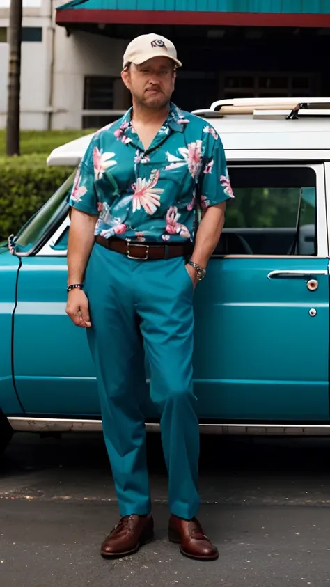 （tmasterpiece，best qualtiy：1.2），ultra - detailed，highest details，Homem de meia idade，thin hair，Less hair，Beach cap，Irish，Middle age，kind，Slightly fat，hawaiian shirt，leather shoes，Old suit pants，Pistol on the waist，Lazy，Van，parking lot