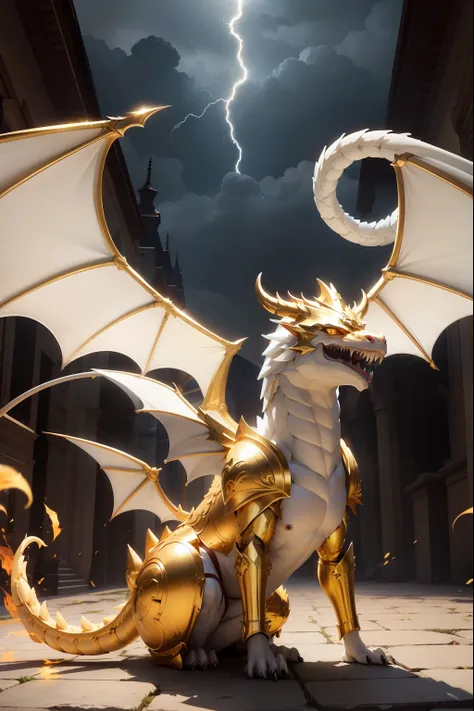 1White dragon add lightning in mouth add golden armor add large wings, dourado. boca fechada, dentes afiados, Two paws on the ground, adcionar asa esquerda, not looking like peoples bodies, Golden helmet on head, dragons head, blue lightnings, relampagos a...