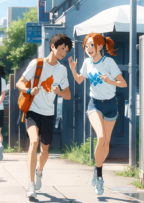 Orange hair Single ponytail Red headband Sky blue eyes High school student White shorts T-shirt Transparent sunscreen shirt Blue and white sneakers Smile