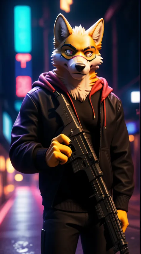 there is a man in a fox mask holding a gun, rendered in sfm, hyper detailed full body shot, super detailed rendering, sfm render...