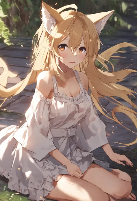 masterpiece, best quality,fox ears,fox tail,(blonde hair,blonde tail,brown eyes:1.5),eyes in highlight ,catch light eyes,specular highlight eyes,loli,1girl,(small breasts:1.2),sundress,happy,sitting,from below,barefoot