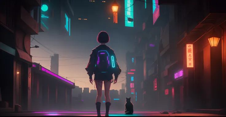 Super Resolution, (Realistic: 1.3) 1 Girl, Cyberhan, Cyberpunk City, Night, Neon, Lantern, Solo, Delicate Face, Delicate Eyes, Short Hair, Cat, Full Body, Back, Back to the Audience