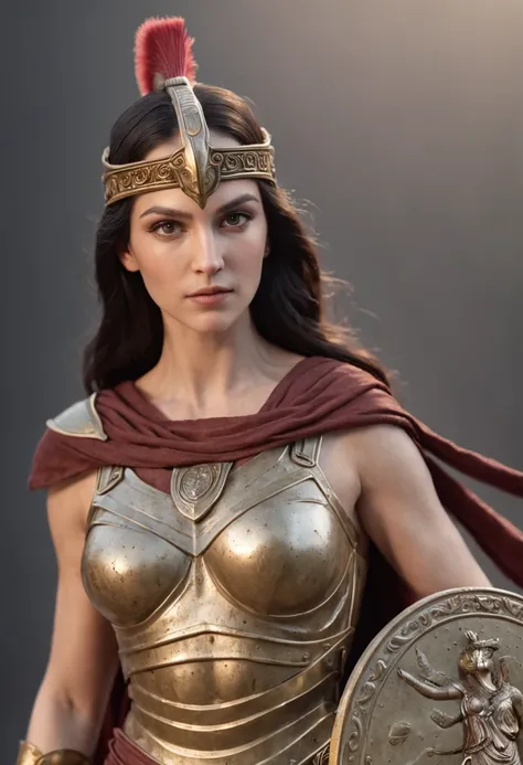 Greek goddess of war and wisdom, with ((black hair)) and ((gray eyes)), is fair-skinned, is tall and musclar, ((wears golden breastplate armor)), ((puts on an ancient greek helmet)), armed with a spear and a shield, looks brave and proud and beautiful, an ...