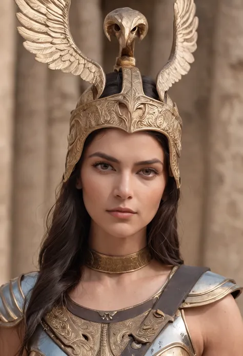 Greek goddess of war and wisdom, with ((black hair)) and ((gray eyes)), is fair-skinned, is tall and musclar, ((wears golden breastplate armor)), ((puts on an ancient greek helmet)), armed with a spear and a shield, looks brave and proud and beautiful, an ...