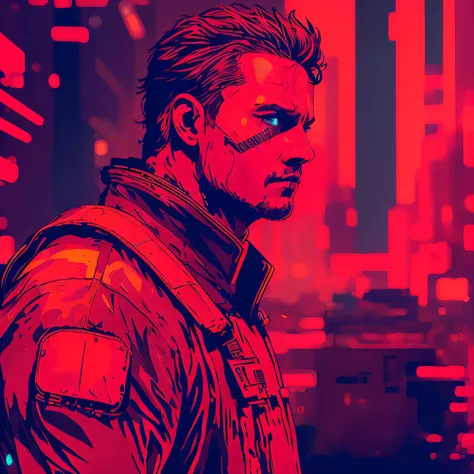 um close up de um homem de jaqueta vermelha parado em frente a uma cidade, estilo de arte cyberpunk, Arte digital detalhada em 4k, arte digital cyberpunk, arte cyberpunk 2077, cyberpunk themed art, estilo de arte cyberpunk, sombreamento cyberpunk, cyberpun...