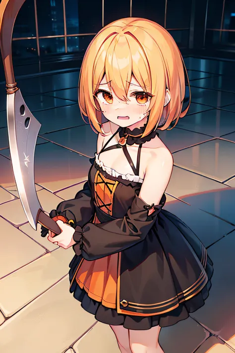 masterpiece, best quality, 1girl, solo, orange hair, short hair, shoulder-length hair, straight hair, orange eyes, round eyes, black picnic dress, long sleeves, frilled, ((holding an axe)), in the room, standing, crying, with tears around ones eyes, sad, (...