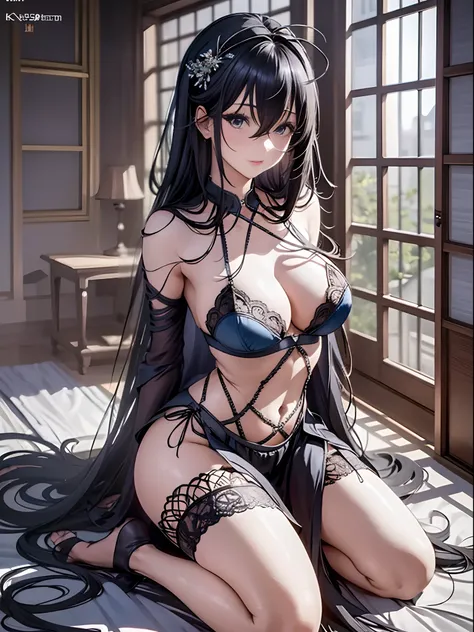 （Enrich the picture，Masterpiece level quality）Beautiful 8K CG artwork，Goddess-like posture，Kneeling exercise，Slim and soft，Translucent skin，Black hair、The beauty of extra-long hair, Super Long Straight Hair，The skin is fair and juicy，Big breasts lingerie m...