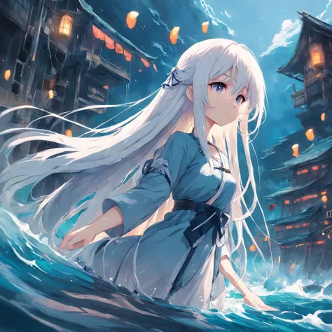 Anime girl with long and white hair in the water, highly detailed exquisite fanart