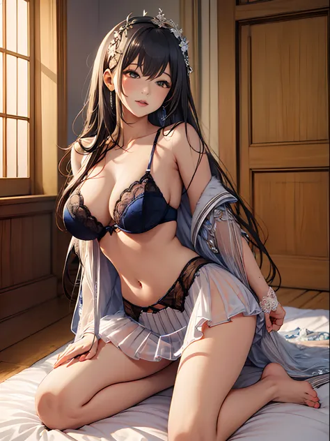 （Enrich the picture，Masterpiece level quality）Beautiful 8K CG artwork，Goddess-like posture，Kneeling exercise，Slim and soft，Translucent skin，Black hair、The beauty of extra-long hair, Super Long Straight Hair，The skin is fair and juicy，Big breasts lingerie m...