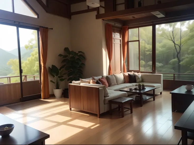 interior design、Insanely detailed wide-angle architectural photo、Cozy contemporary living room、(Bright and warm sunlight 1:0.1)、Award-winning contemporary interior design、landscapes、The table、a chair、in a house、Wooden flooring、window、resturant、east asian e...