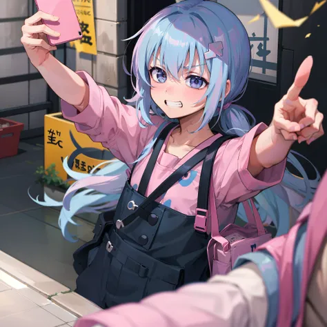 Anime boy with blue hair holding a pink cup，grin face, anime moe art style, accidentally taking a selfie, Check his phone, with index finger, He has a cute expression face, tired haunted expression, tired and haunted expression, in an anime style, he is ho...