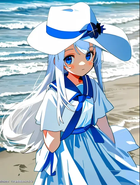 Venue beach，schoolgirls，White color hair，eBlue eyes，white  clothes，Its cute，Wear a white hat on your head