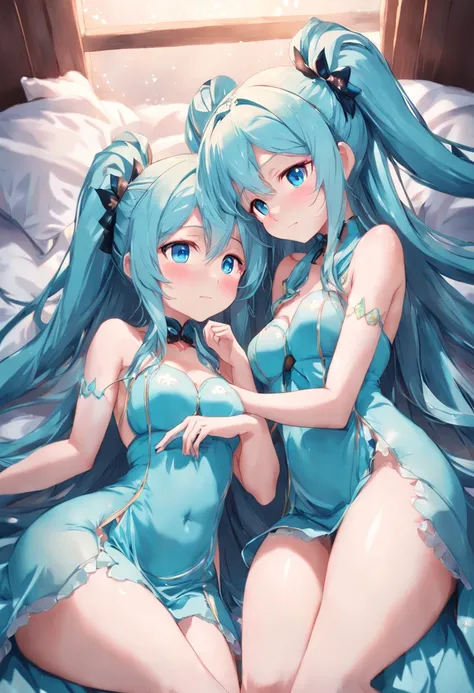 (twogirls)、(Pink long-haired Megurine Luca),、(Hatsune Miku with twin tails and light blue hair,、Slender body,、(A seductive anime girl)、Beautiful style、beautiful alluring anime woman、kindly smile、Masterpiece Portrait、Glowing blue eyes、(Transparent dress wit...