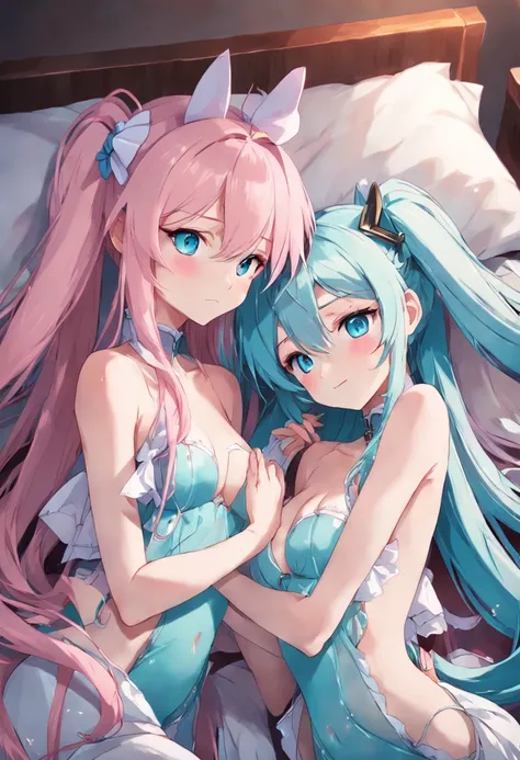 (twogirls)、(Pink long-haired Megurine Luca),、(Hatsune Miku with twin tails and light blue hair,、Slender body,、(A seductive anime girl)、Beautiful style、beautiful alluring anime woman、kindly smile、Masterpiece Portrait、Glowing blue eyes、(Transparent dress wit...