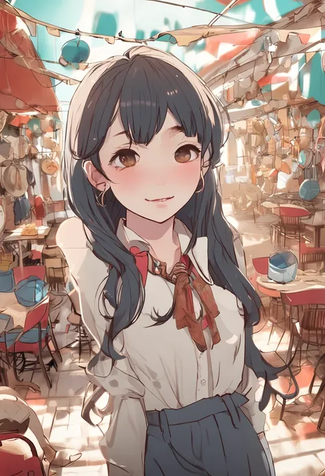 （realisticlying， A high resolution：1.3）， 1 girl with a perfect body， Super fine face and eyes，long whitr hair， Tank top of random colors：1.2， Wear casual clothes， in a cafe， Coffee on the table， huge tit，Expose cleavage，Air bangs short hair，dress， （Photore...