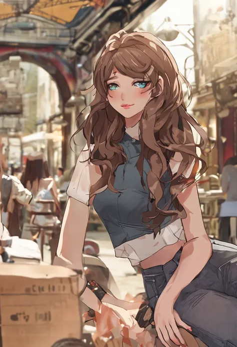 （realisticlying， A high resolution：1.3）， 1 girl with a perfect body， Super fine face and eyes，long whitr hair， Tank top of random colors：1.2， Wear casual clothes， in a cafe， Coffee on the table， huge tit，Expose cleavage，Air bangs short hair，dress， （Photore...