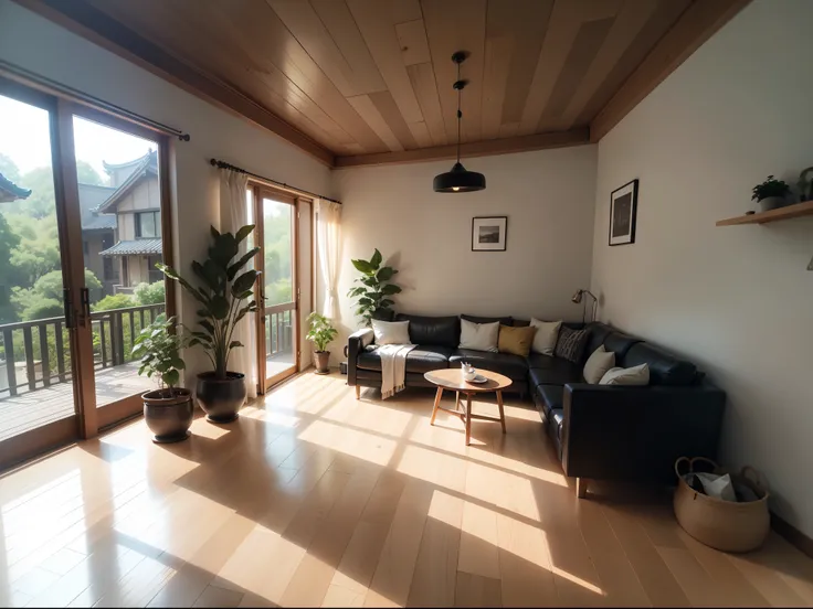 interior design、Insanely detailed wide-angle architectural photo、Cozy contemporary living room、(Bright and warm sunlight 1:0.1)、Award-winning contemporary interior design、landscapes、The table、a chair、in a house、Wooden flooring、window、resturant、east asian e...