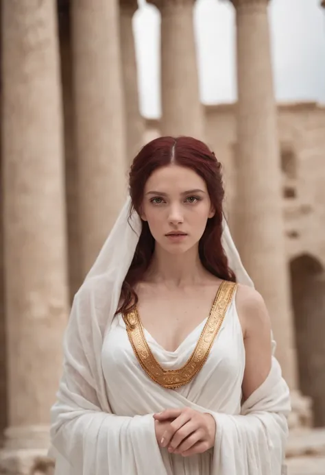 Greek goddess of hearth and fire, with ((dark red hair)) and ((dark red eyes)), is fair-skinned, wears a long white greek toga and a white veil, looks mysterious and beautiful, inside of an ancient greek temple, "holy fire of vesta", Greek mythology, sacre...