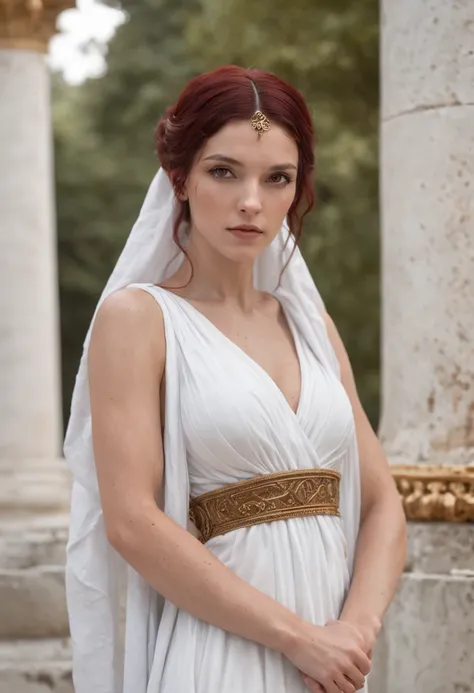 Greek goddess of hearth and fire, with ((dark red hair)) and ((dark red eyes)), is fair-skinned, wears a long white greek toga and a white veil, looks mysterious and beautiful, inside of an ancient greek temple, "holy fire of vesta", Greek mythology, sacre...