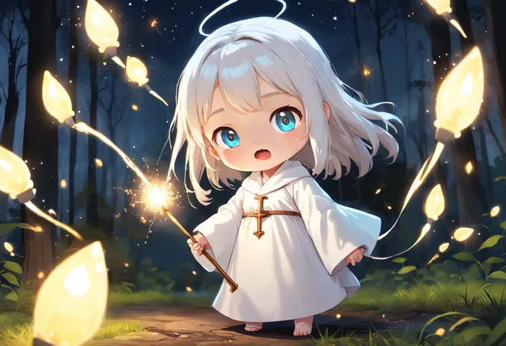 Cartoony，Chubby little girl in a white priests robe，Place the scepter on the ground，Glowing fireflies around，，Cute and cute，KIDS ILLUSTRATION，Glow effects，Dingdall effect，depth of fields，high light，Real light，Ray traching，oc rendered，Hyper-realistic，best q...