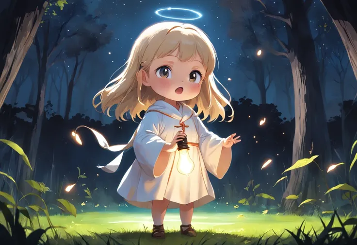 Cartoony，Chubby little girl in a white priests robe，Place the scepter on the ground，Glowing fireflies around，，Cute and cute，KIDS ILLUSTRATION，Glow effects，Dingdall effect，depth of fields，high light，Real light，Ray traching，oc rendered，Hyper-realistic，best q...